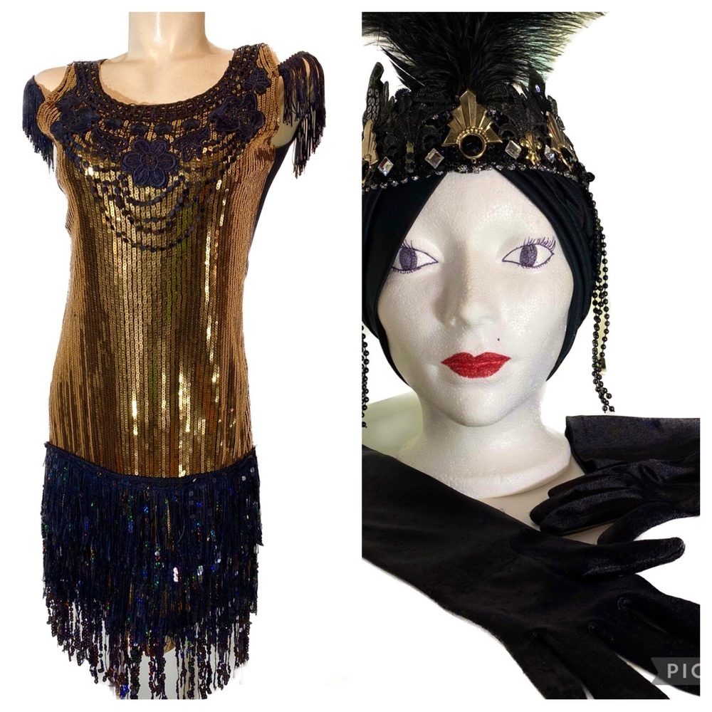 SET of Gold Flapper Sequin Fringed Dress, Black Gloves,Turban /Feathers Headband